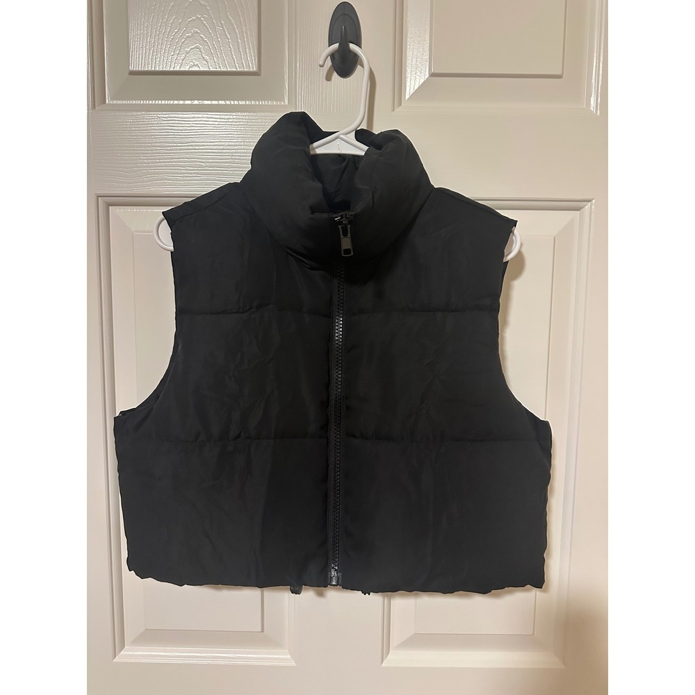 MEROKEETY Puffer Vest Womens S Black Cropped Sleeveless Quilted Zip Up Jacket